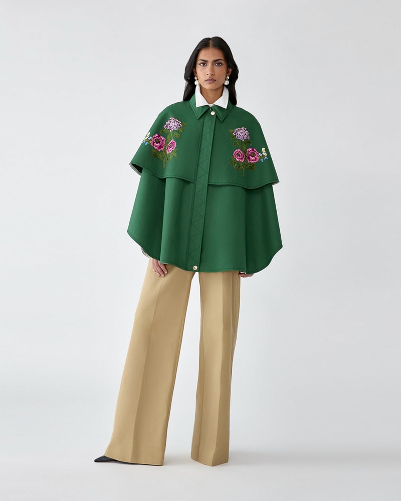 Floral-Embroidered Gabardine Cape