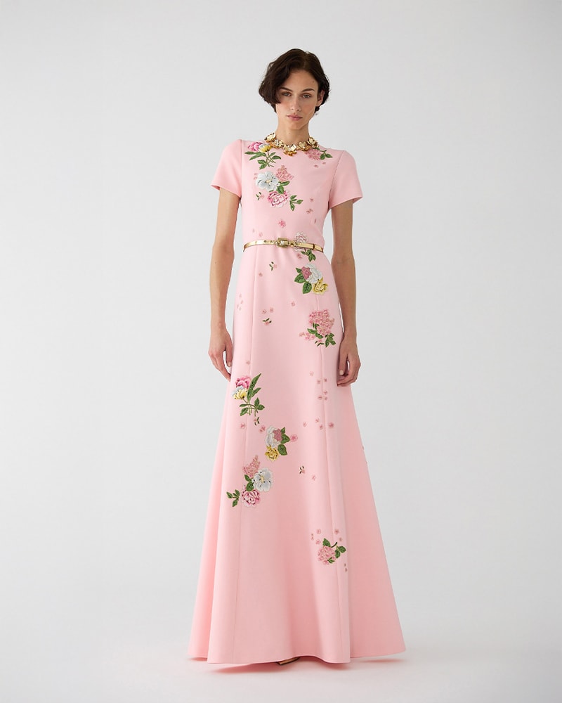 Floral-Embroidered Crepe Gown