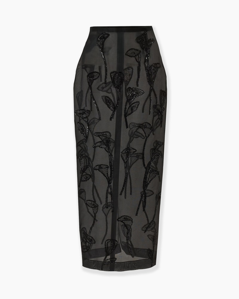 Floral-Embroidered Organza Column Skirt