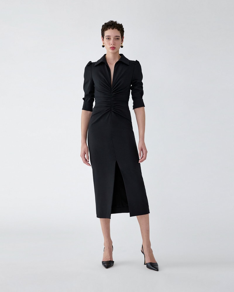 Ruched Point-Collar Midi Dress