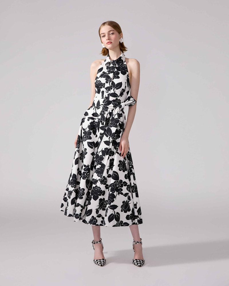 Floral-Print Midi Halterneck Dress