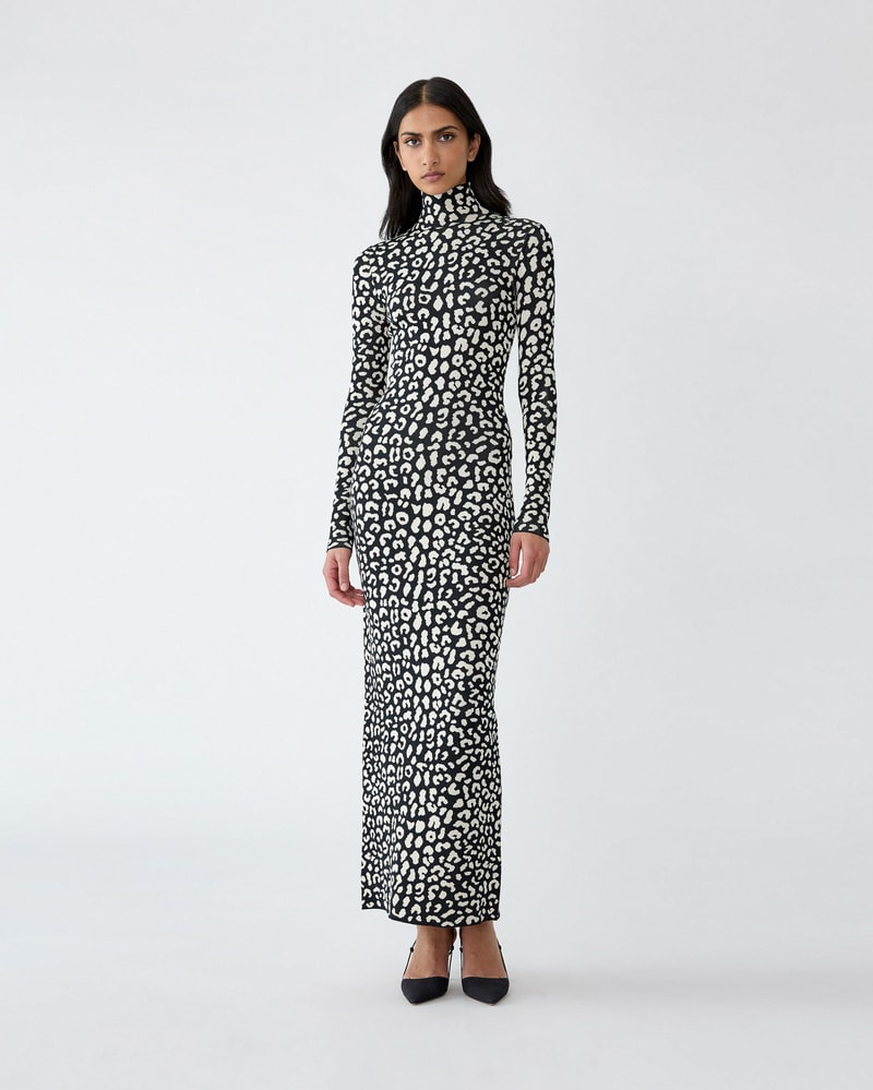 Leopard-Patterned Jacquard Turtleneck Dress