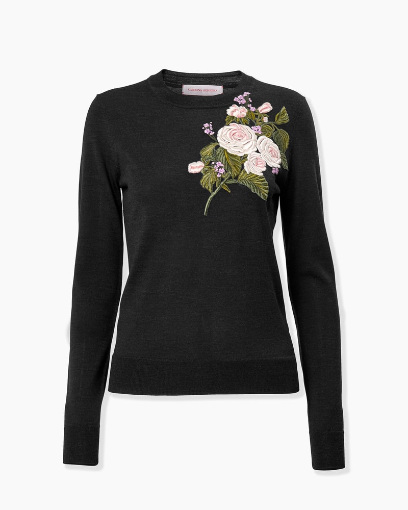 Rose-Embroidered Merino Wool Sweater