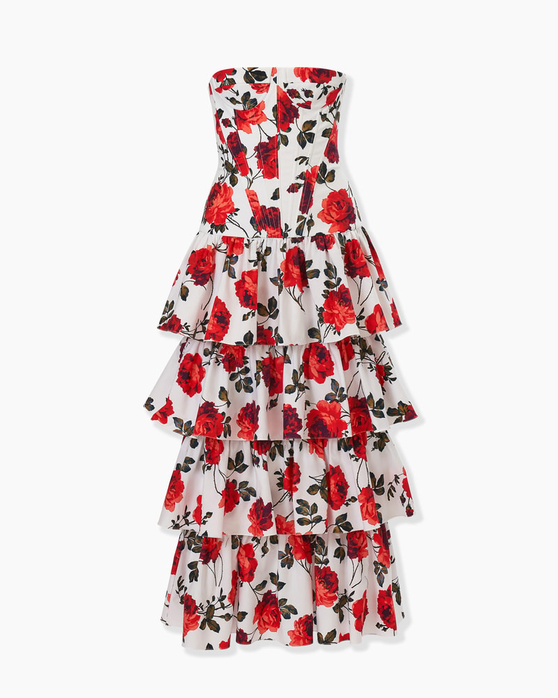 Rose-Print Tiered Midi Dress