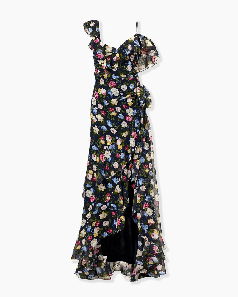 Floral-Print Chiffon One-Shoulder Gown