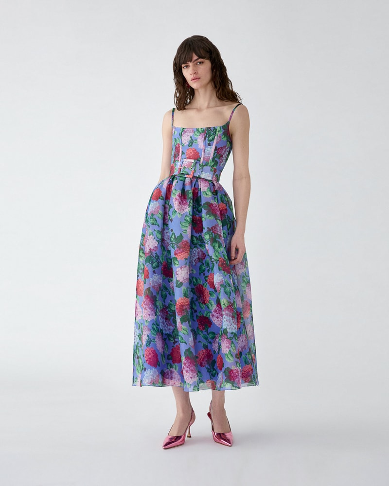 Hydrangea-Print Organza Midi Dress