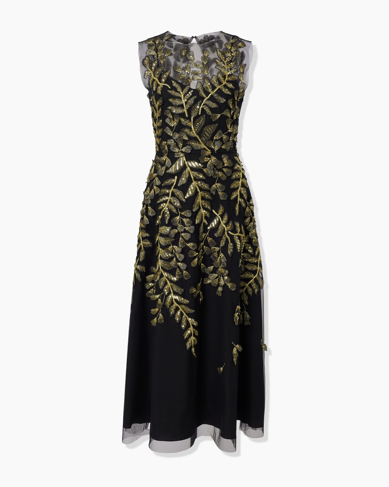 Gold Leaf-Embroidered Tulle Midi Dress