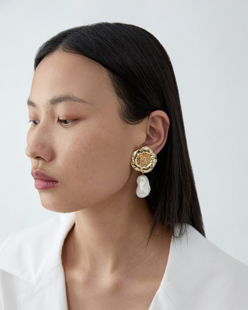 Gold Flower and Pearl Earrings