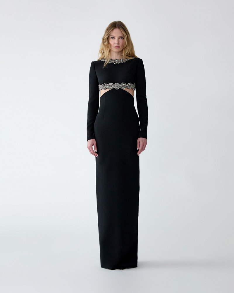Embroidered Cutout-Waist Evening Gown