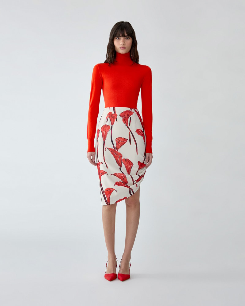 Calla Lily Print Asymmetric Skirt