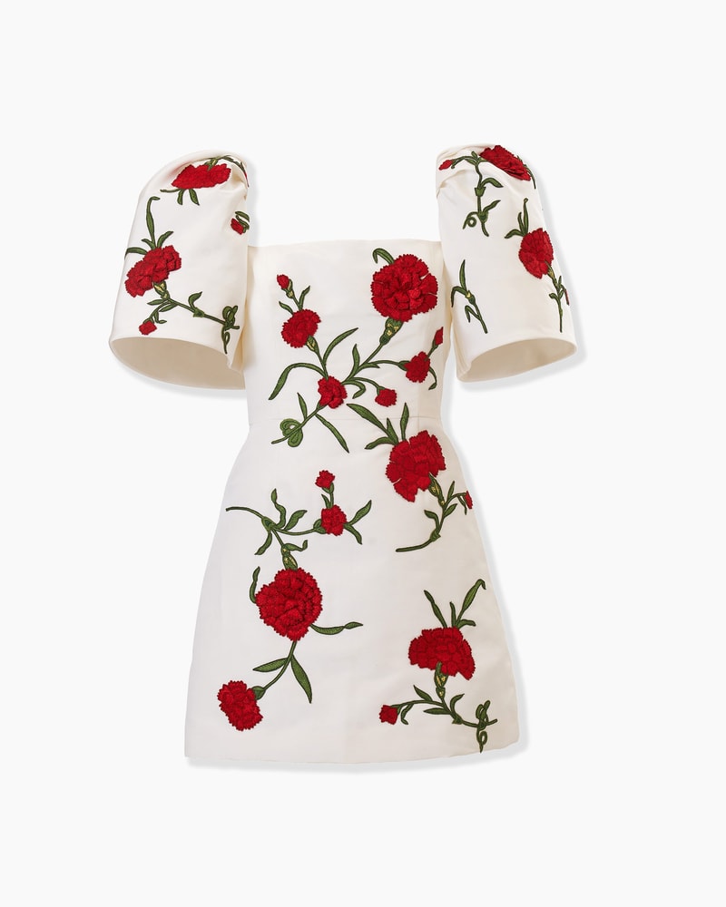 Carnation-Embroidered Bell Sleeve Mini Dress