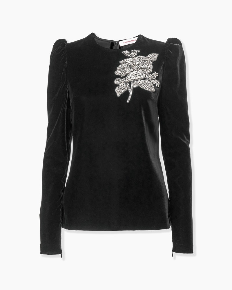 Rose-Embroidered Stretch Velvet Top