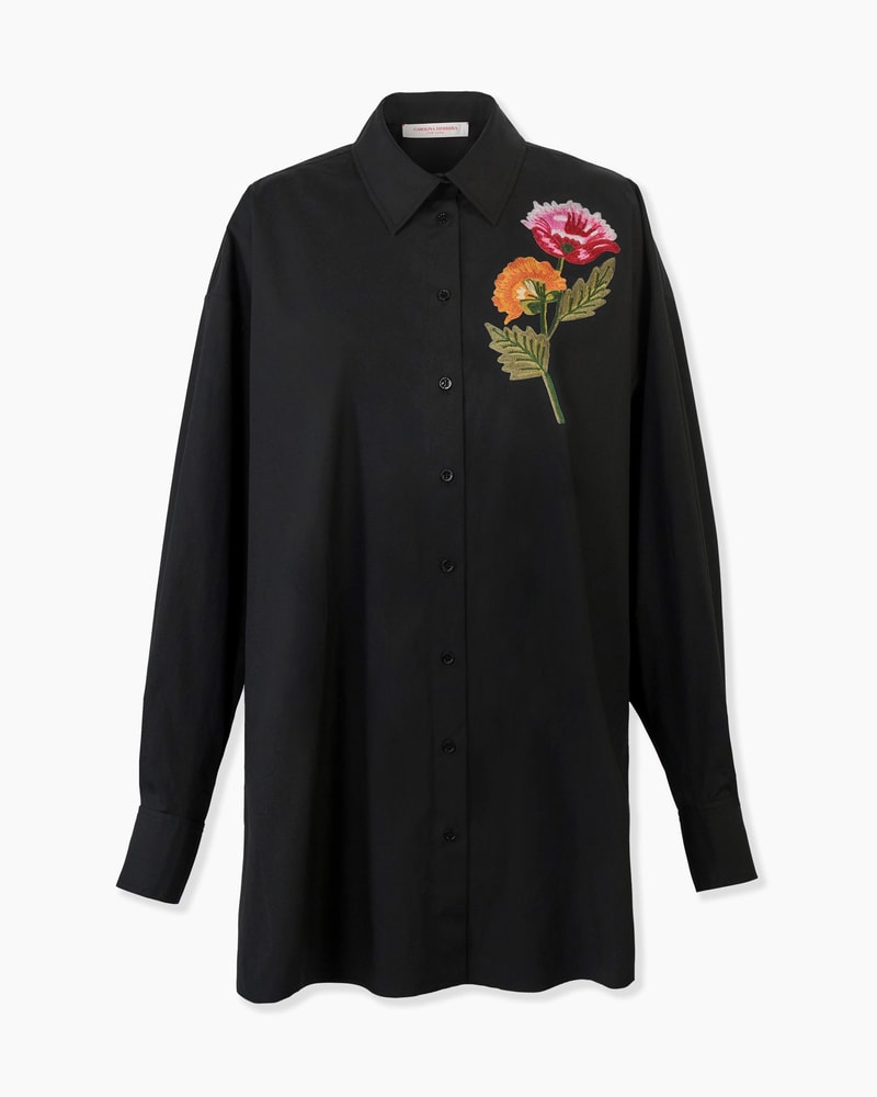 Floral-Embroidered Oversized Tie-Front Shirt