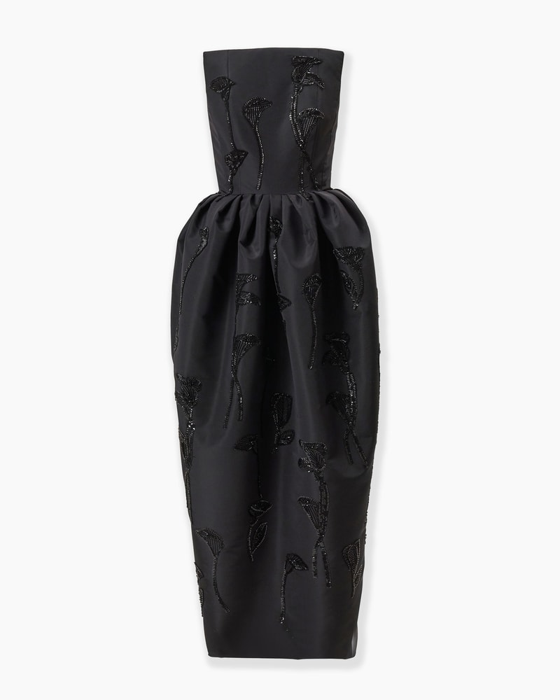 Floral-Embroidered Strapless Gown