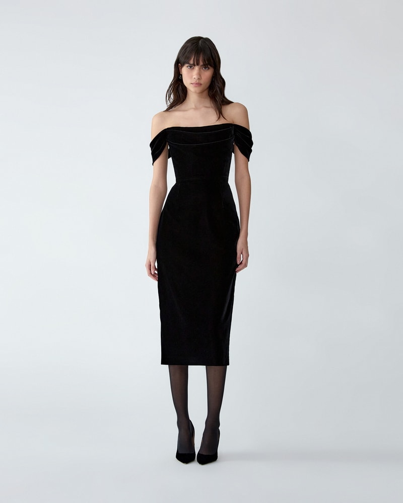 Off-Shoulder Stretch Velvet Midi Dress