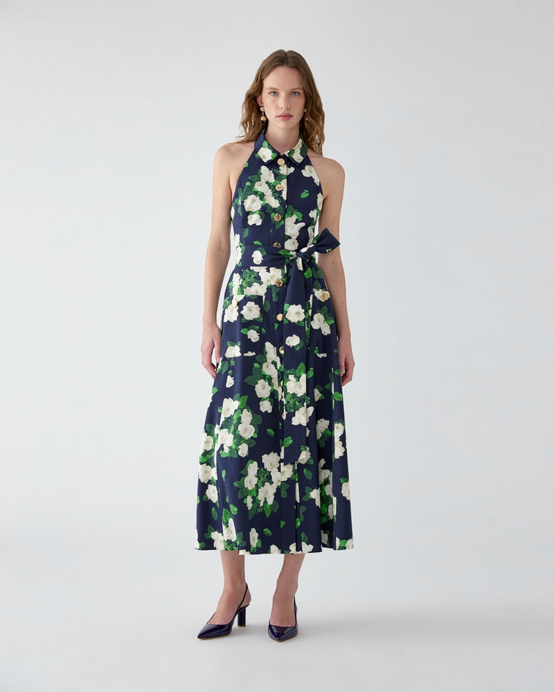 Rose-Print Halterneck Midi Dress