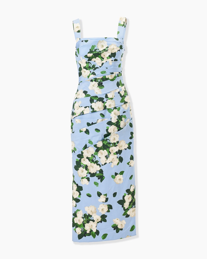Rose-Print Draped Midi Dress