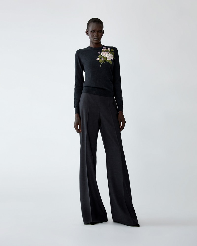 Rose-Embroidered Merino Wool Sweater