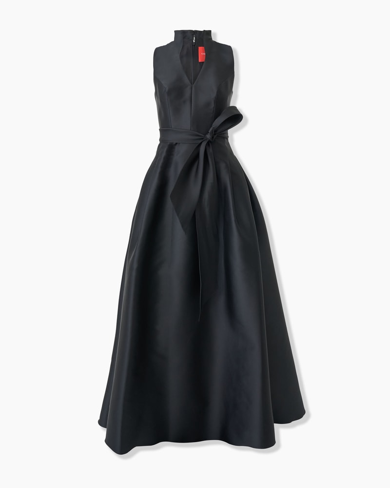 V-neck Gown With Stand Collar And Self Belt
