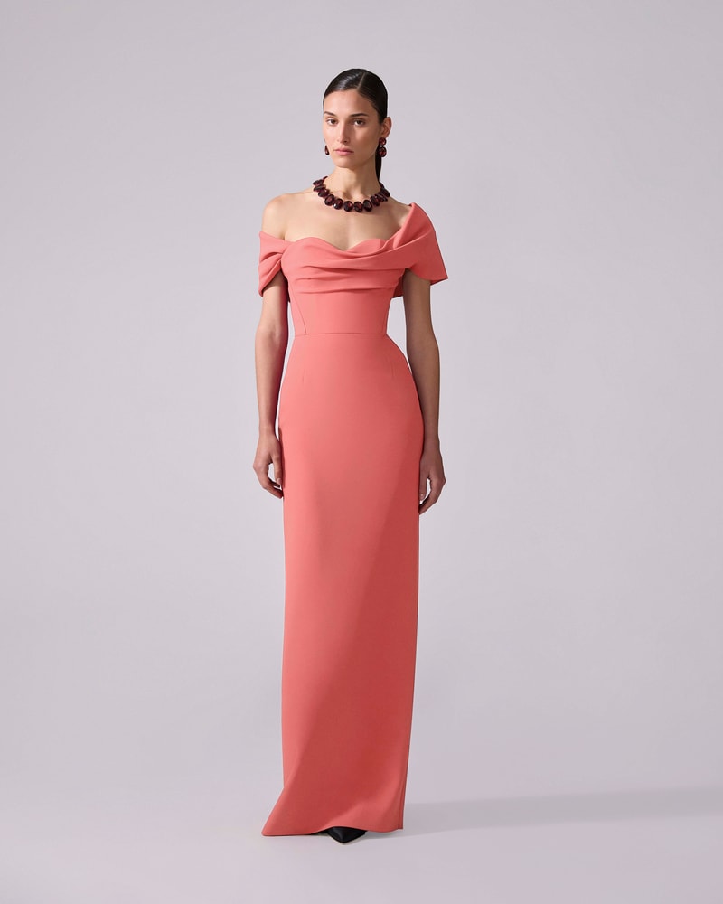 Draped Off-Shoulder Column Gown