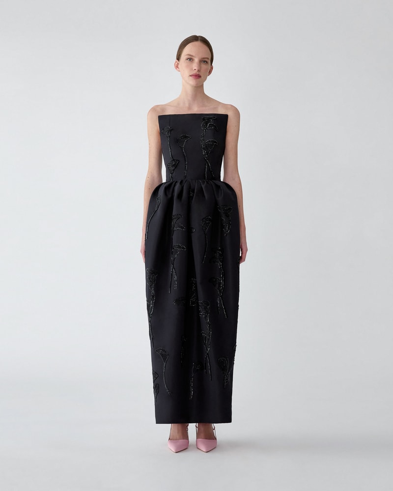 Floral-Embroidered Strapless Gown