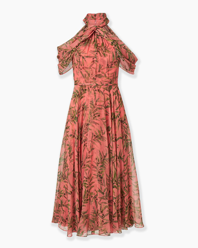 Olive Branch-Print Halterneck Midi Dress