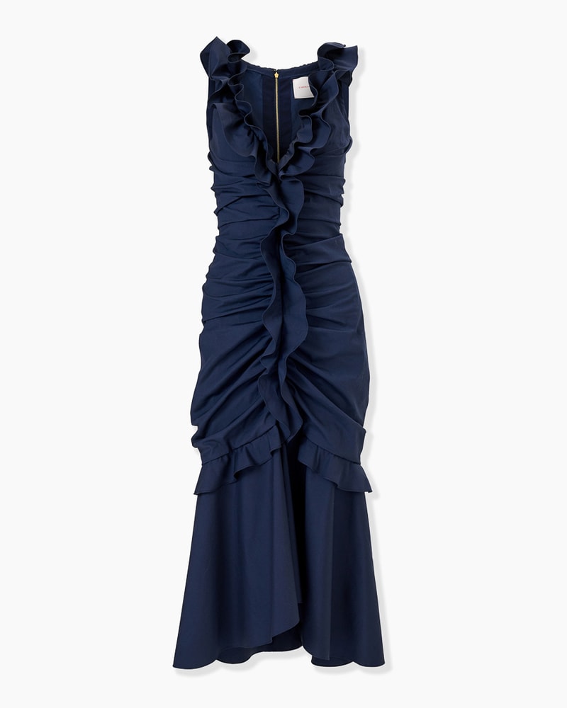 Ruched Midi Dress with Ruffles