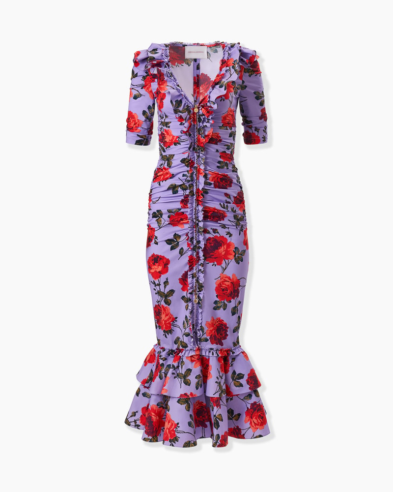 Rose-Print Ruched Midi Dress