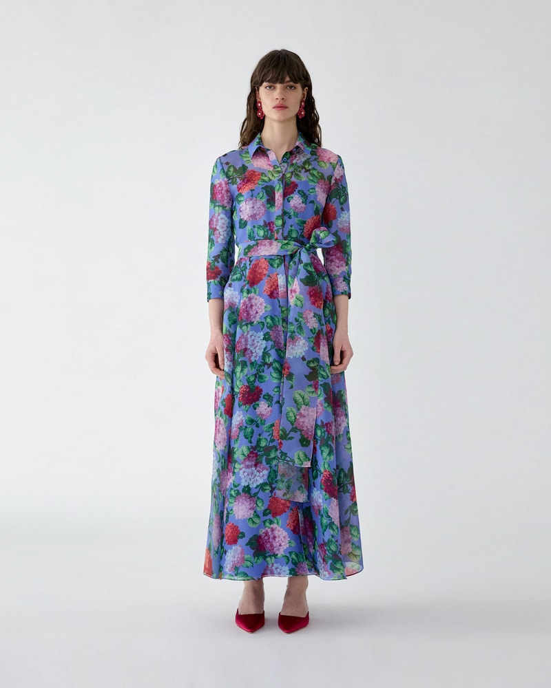 Hydrangea-Print Organza Trench Dress