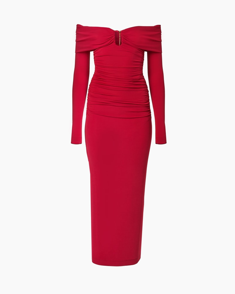 Off-Shoulder Ruched Midi Dress
