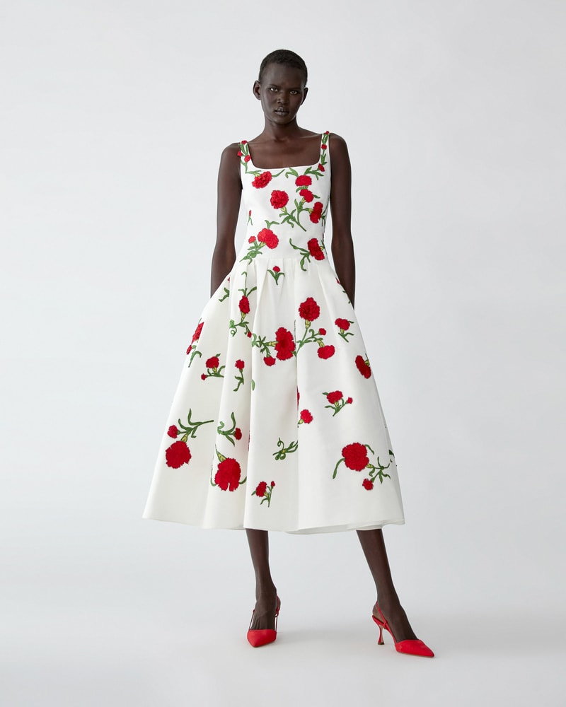 Carnation-Embroidered Drop Waist Dress