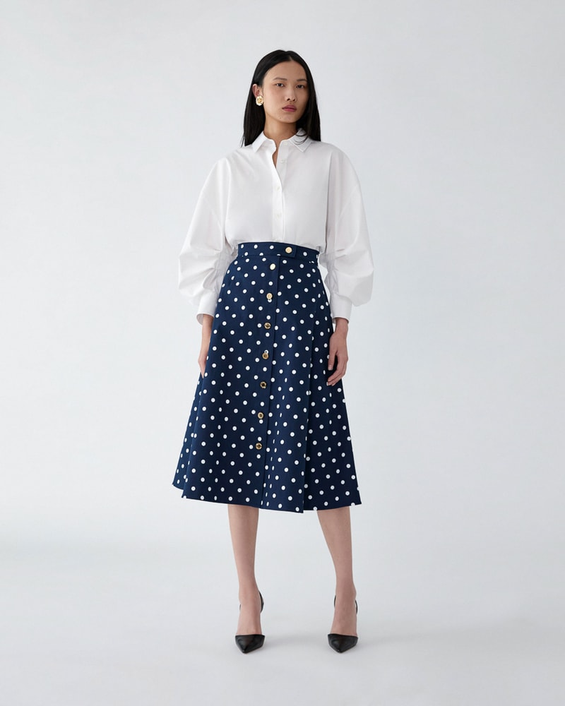 Polka Dot Button-Front Midi Skirt