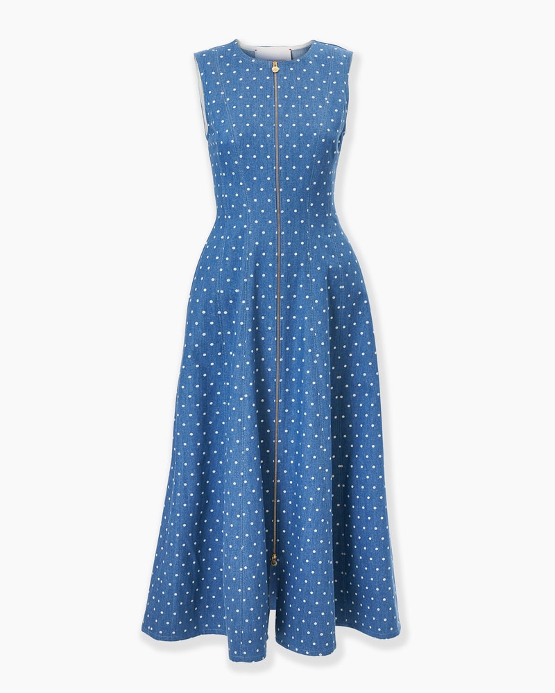 Polka Dot Denim A-Line Midi Dress