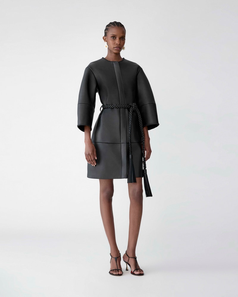 Arc Sleeve Leather Coat with Braided Belt