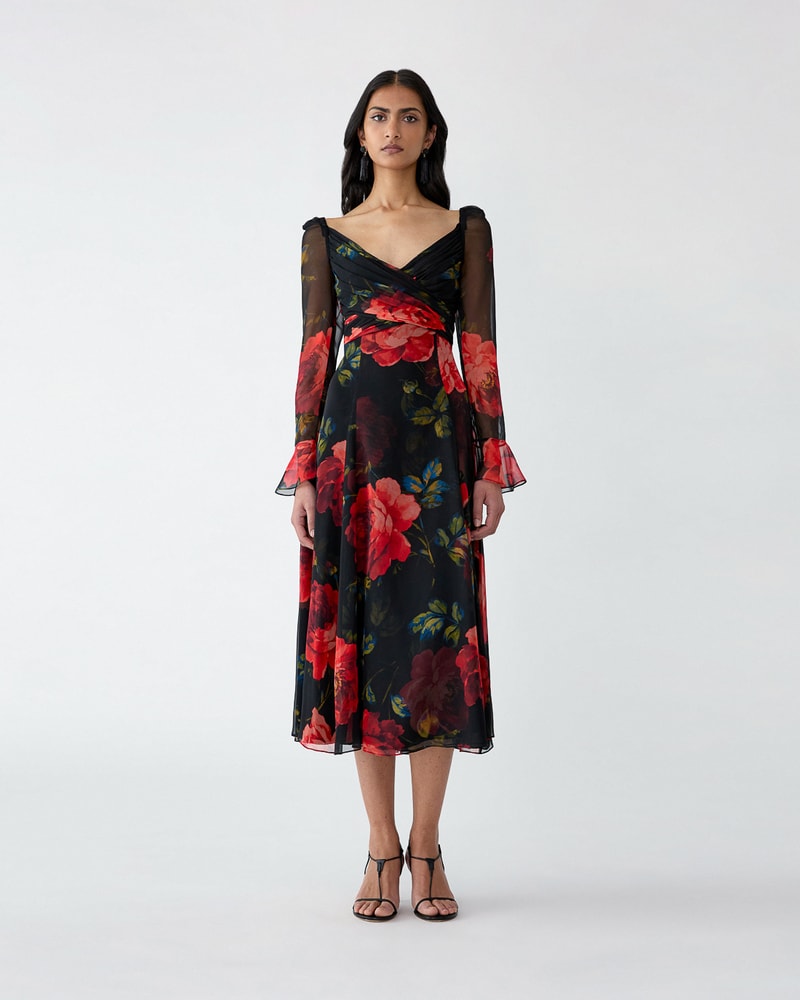 Rose-Print Chiffon V-Neck Midi Dress