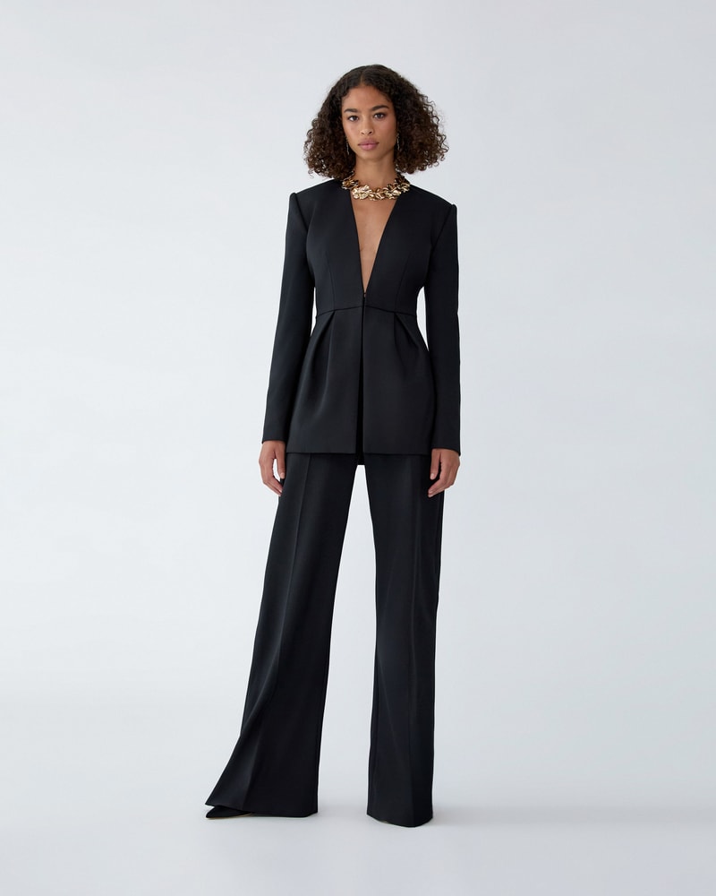 Pleated V-Neck Wool Jacket