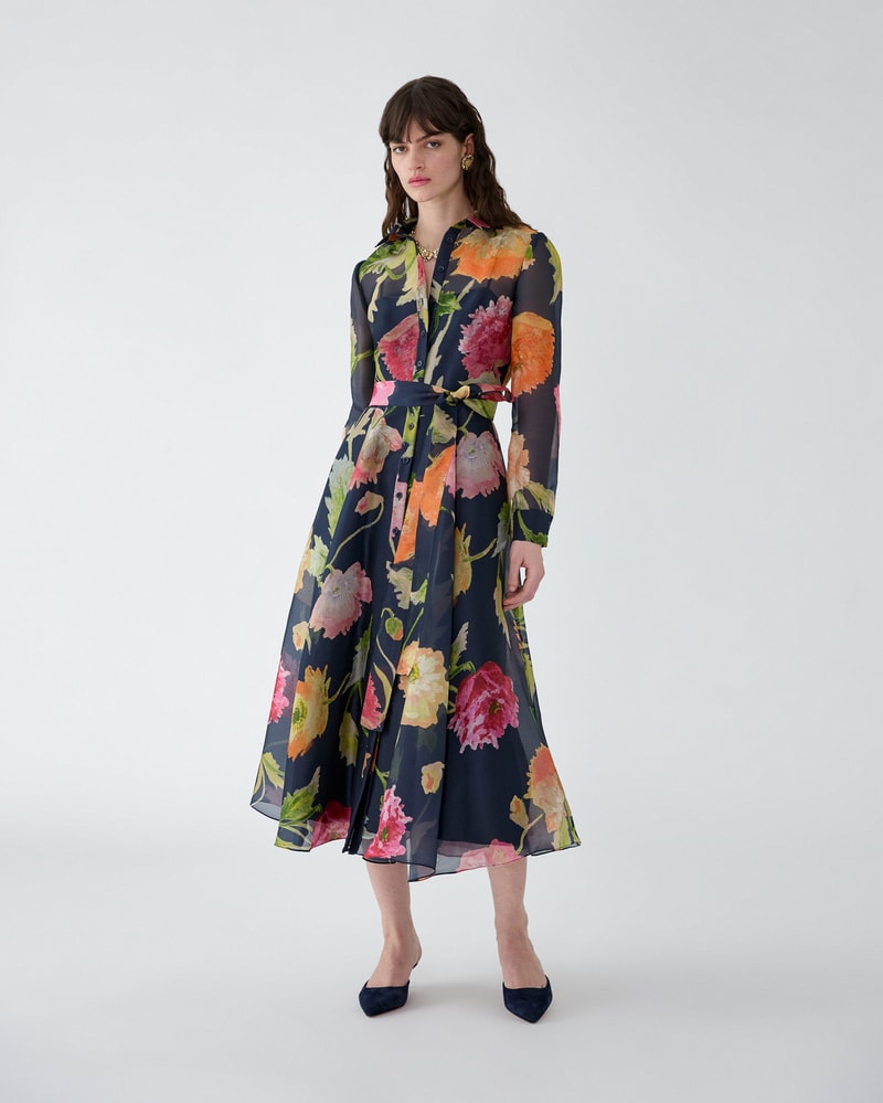 Poppy-Print Organza Trench Dress