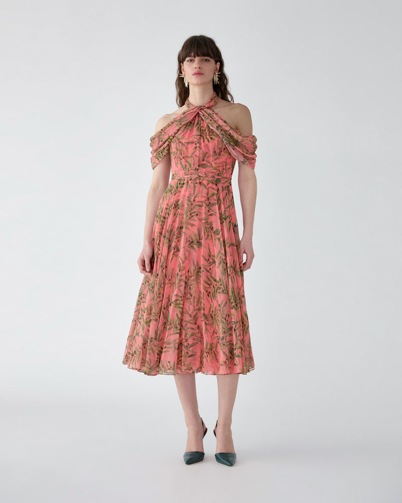 Olive Branch-Print Halterneck Midi Dress