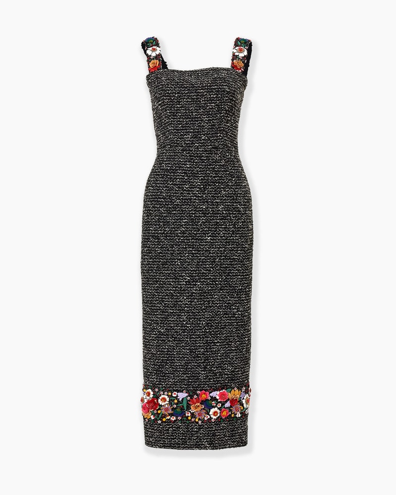 Floral-Embroidered Tweed Column Dress