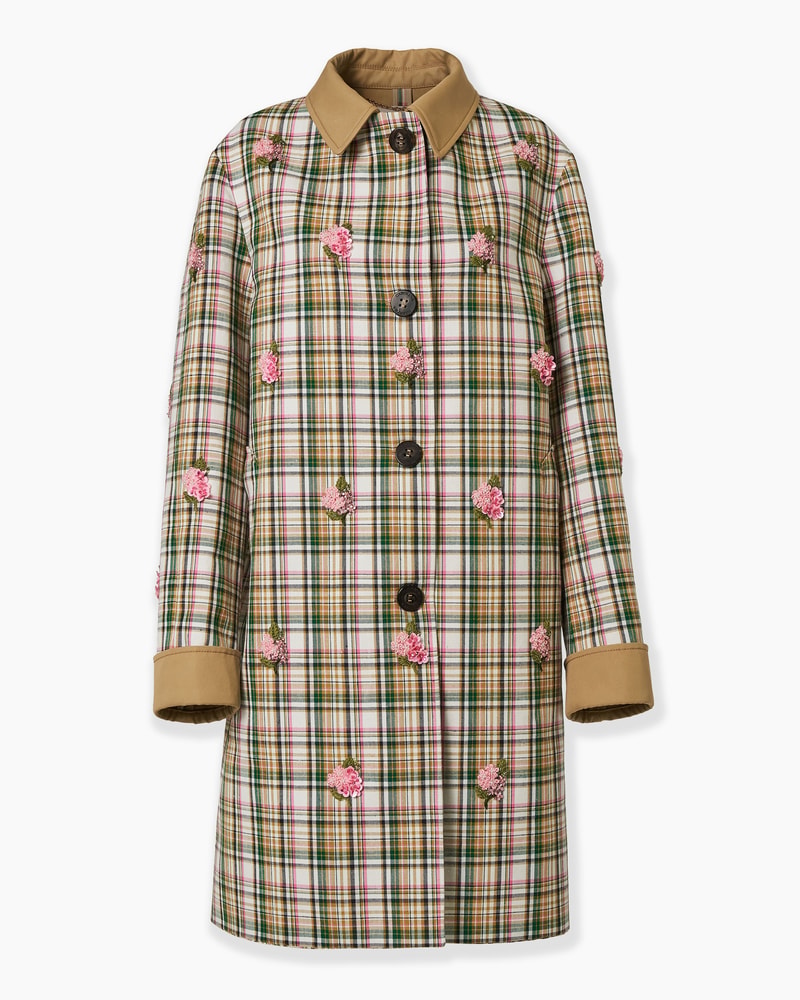 Floral-Embroidered Plaid Coat