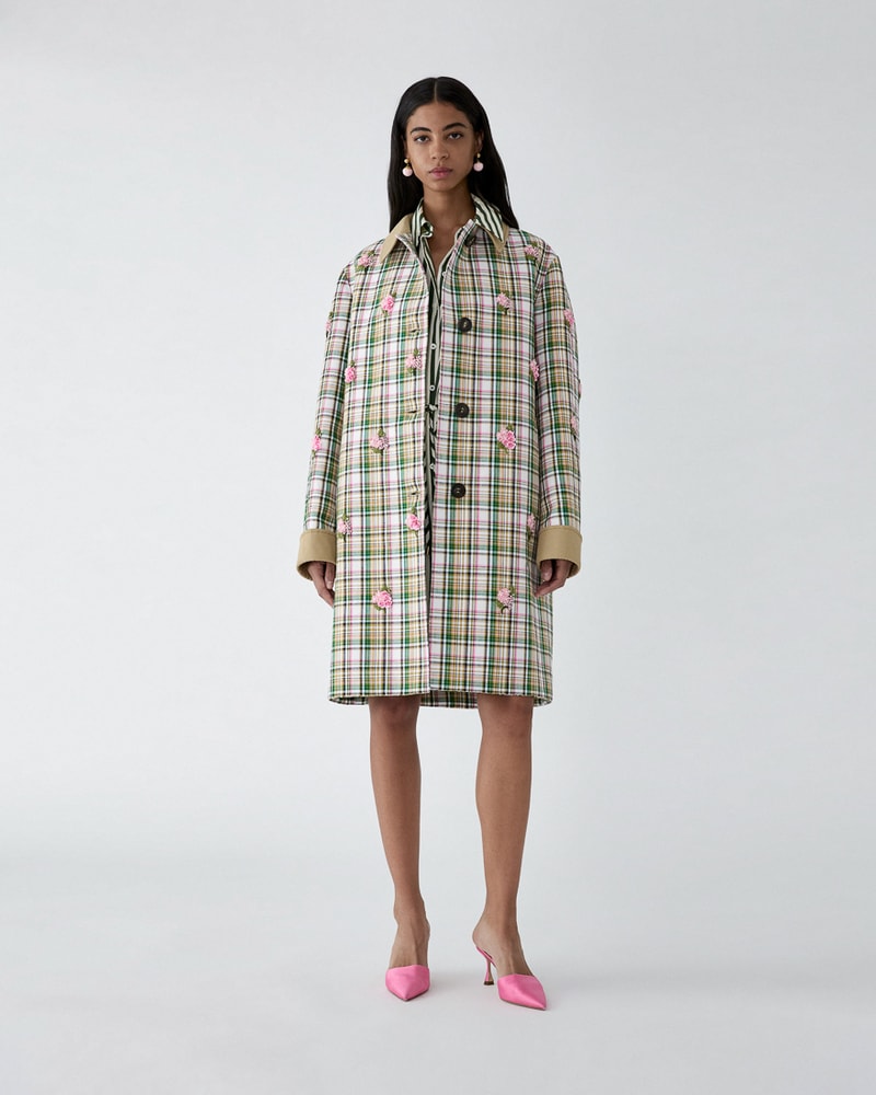 Floral-Embroidered Plaid Coat