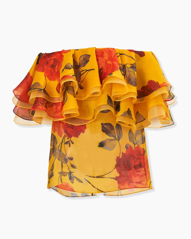 Rose-Print Organza Ruffle Top