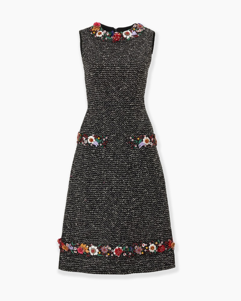 Floral-Embroidered Tweed Midi Dress
