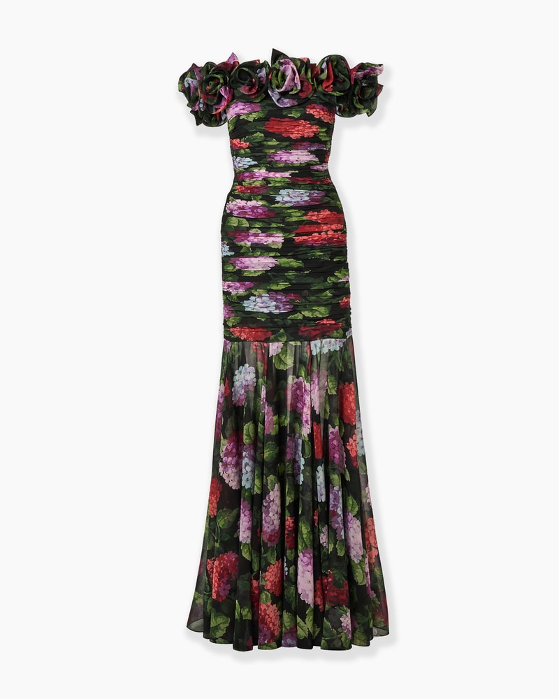 Hydrangea-Print Chiffon Off-Shoulder Gown