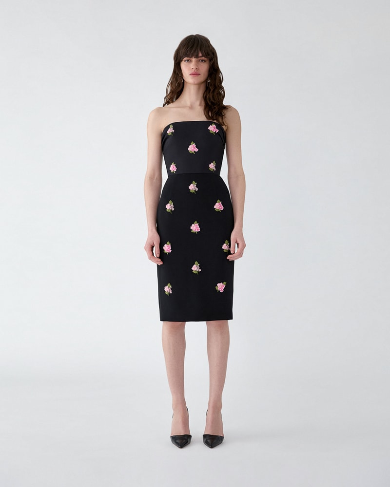 Floral-Embroidered Strapless Dress