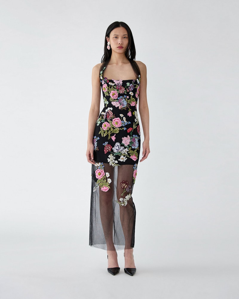 Column Gown with Floral Embroidery