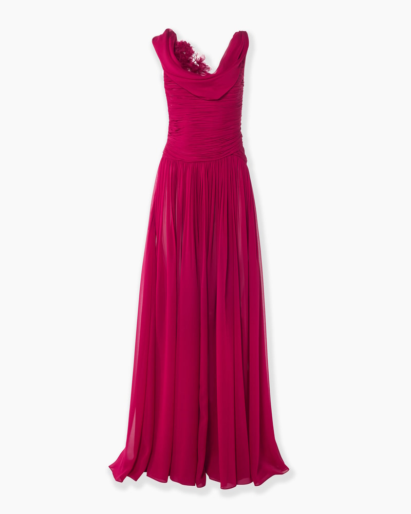 Draped Chiffon Gown with Floral Embellishment