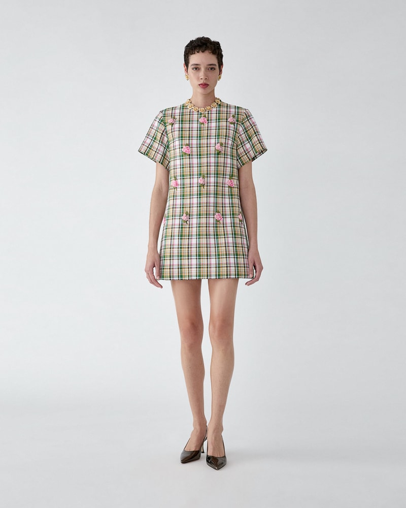 Floral-Embroidered Plaid Shift Dress