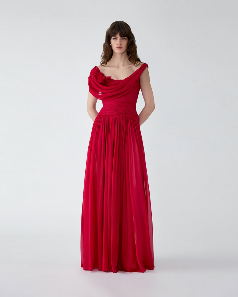 Draped Chiffon Gown with Floral Embellishment