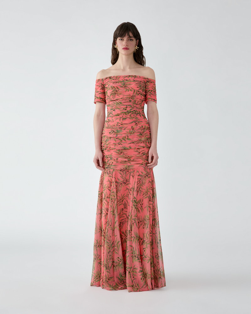 Olive Branch-Print Ruched Gown
